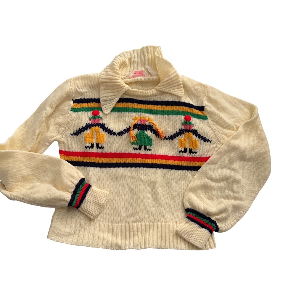 Girltown Vintage Sweater Novelty Knit Cream Multi Pom Pom Kids Size 10/12